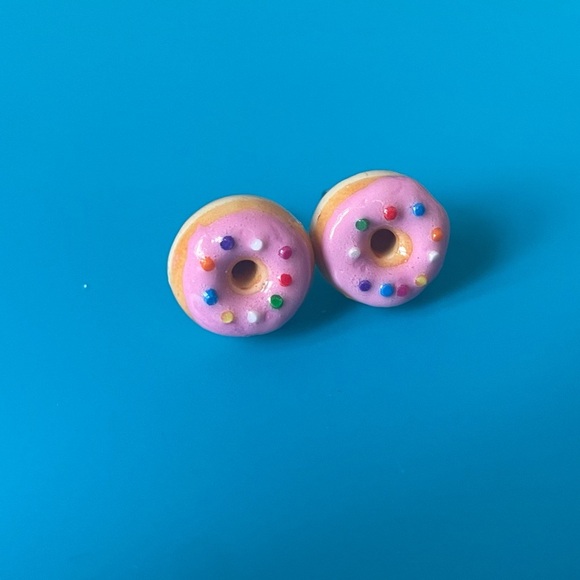 Pink Sprinkle Donut Stud Earrings Handmade ChellePastel Dopamine Jewelry EUC - Picture 7 of 12